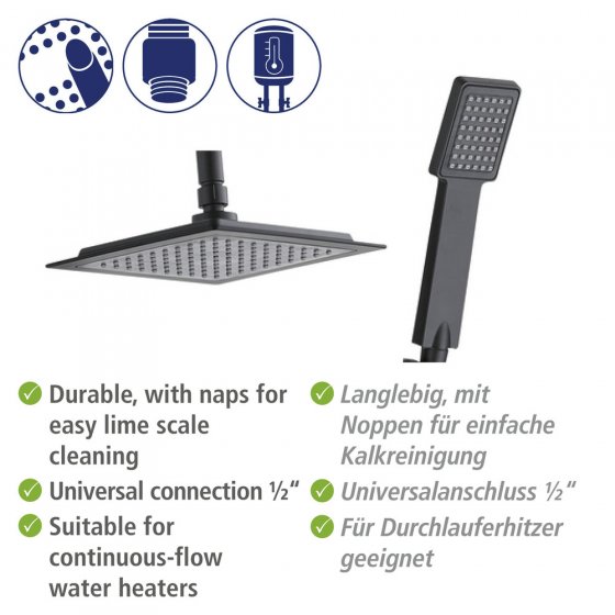 Duschsystem Mod. Quadro Schwarz matt, mit Regendusche und Handbrause 