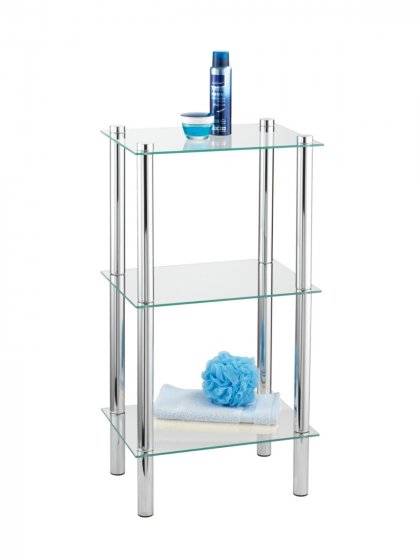 Regal Mod. Yago viereckig, 3 Ablagen, aus Edelstahl und Sicherheitsglas 
