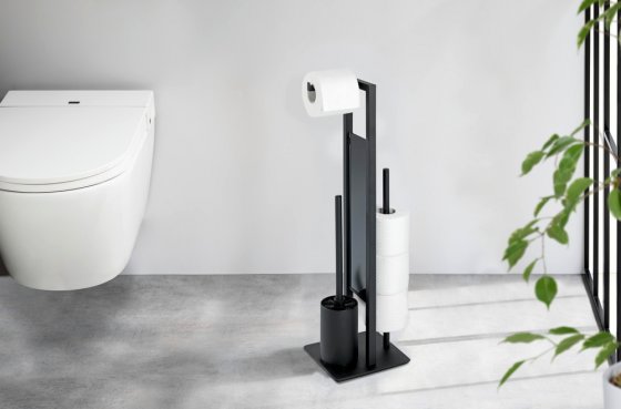 Stand WC-Garnitur Mod. Rivalta Schwarz matt, integrierter Toilettenpapierhalter und WC-Bürstenhalter