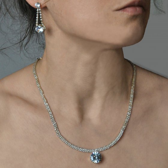 Set Kette Ohrringe Metall 51cm vergoldet glanz Glasstein weiß 