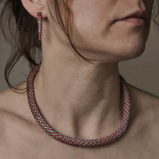 Set Kette Ohrringe Metall 40+6,0cm glanz Glasstein rot 