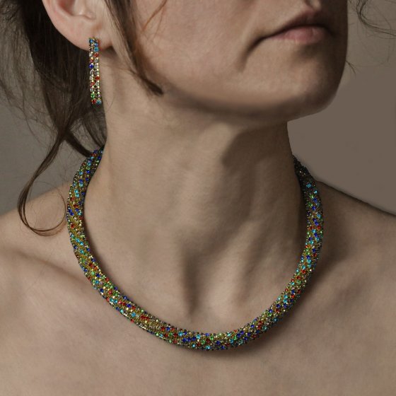 Set Kette Ohrringe Metall 40+6,0cm glanz Glasstein multi 