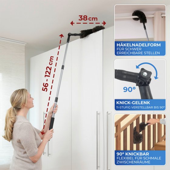 Ziegenhaar-Staubbesen mit Knickgelenk und Teleskop-Stiel, 100 % echtes Ziegenhaar 