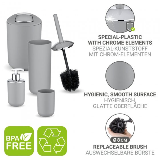 Bad-Accessoire-Set Mod. Brasil Grau, 4 tlg., Seifenspender, WC-Garnitur, Zahnputzbecher, Kosmetikeimer 