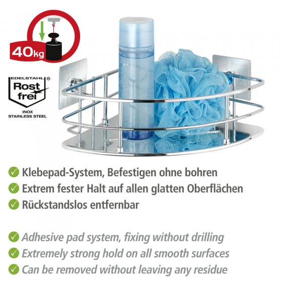 Turbo-Loc® Edelstahl Eckablage Mod. Quadro, rostfrei, Befestigen ohne bohren 
