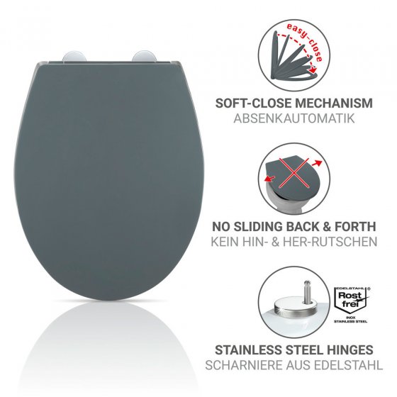 WC-Sitz Mod. Ostuni, grau, Thermoplast, Easy Close, edelstahl, 37x44,5 cm, mit 300 kg belastbar 