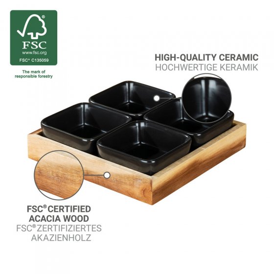 Dip-Schalen mit Tablett Mod. Elo, 5-tlg. , Tablett aus FSC® zertifiziertem Akazienholz mit Umrandung 