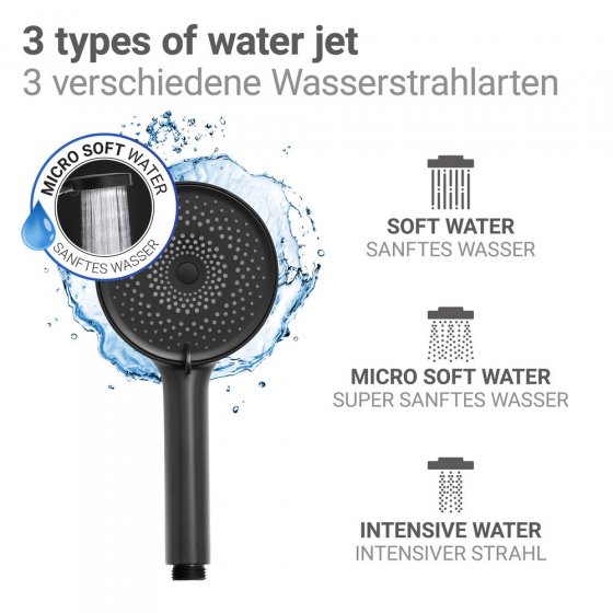 Duschkopf Mod. Softwater Ø12 cm, schwarz, ABS-Kunststoff, 3 Strahlarten, kalkfrei, wassersparend 