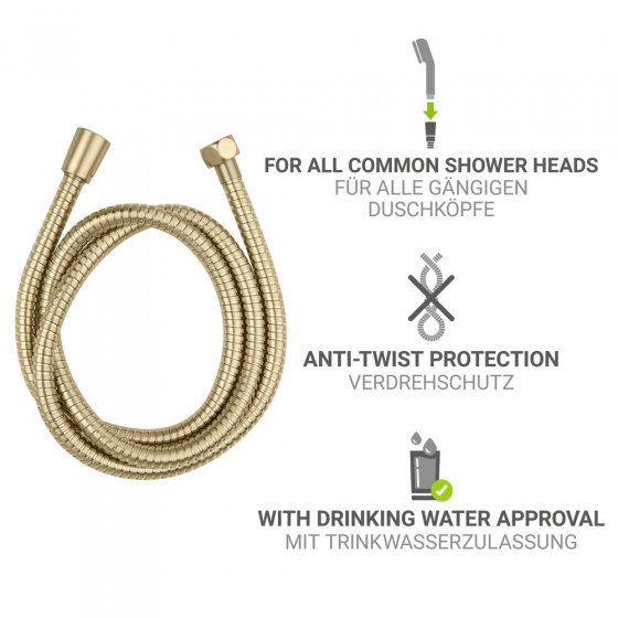 Edelstahl Duschschlauch Mod. Brass 150 cm Gold, 1/2" Standardanschluss, Verdrehschutz 