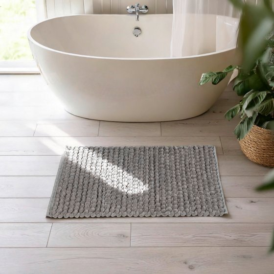 Badteppich Mod. Solivo, grau, Polyester/Baumwolle, 50x80 cm, rutschfest, für Fußbodenheizung geeignet 