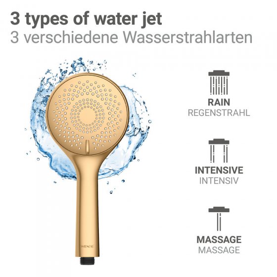 Duschkopf Watersaving Gold matt, Universal-Handbrause, Ø 11 cm, 3 Strahlarten 