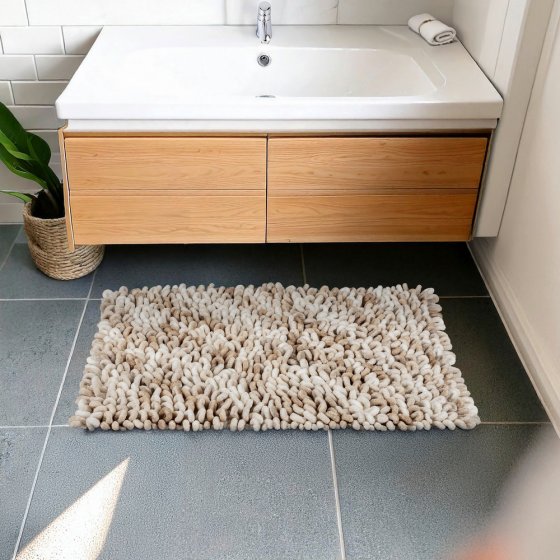 Badteppich Mod. Lerici, weiss-beige, Polyester/Baumwolle, 60x90 cm, rutschhemmend beschichtet, schnelltrocknend 