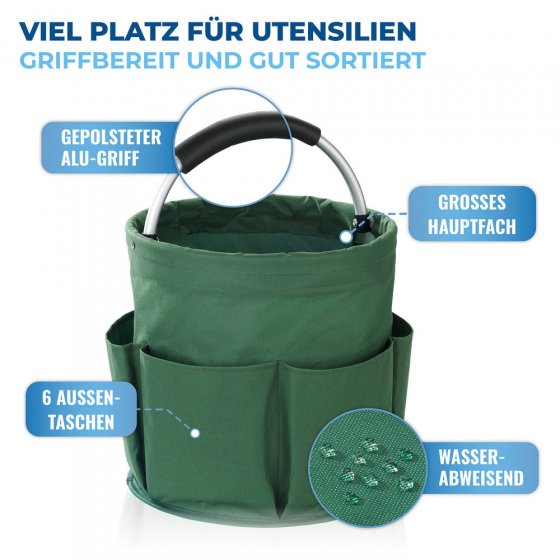 Universal Garten Caddy 16 l, Grün, 2er Set, mit 6 Außentaschen für Gartenwerkzeug 