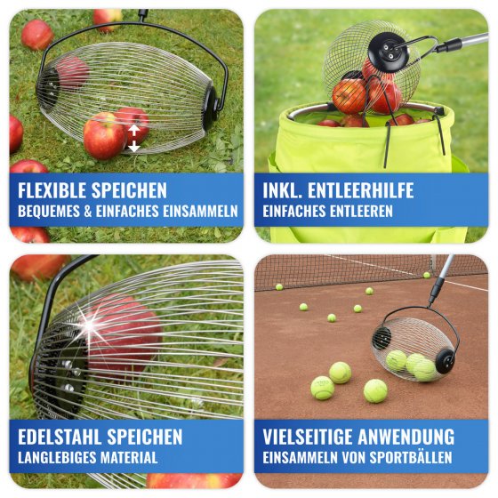 Rollsammler mit Teleskopstiel, schwarz/silber, Edelstahl, 34x83-148x18.5 cm, flexible Edelstahl-Speichen für Obst 