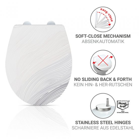 WC-Sitz Mod. Menin, mehrfarbig, Duroplast, Edelstahl, 38x44,5 cm, easy-close Absenkautomatik 