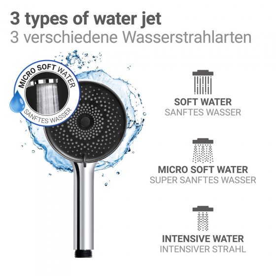 Duschkopf Mod. Softwater Ø12 cm, chrom/schwarz, Kunststoff, mit 3 Strahlarten 