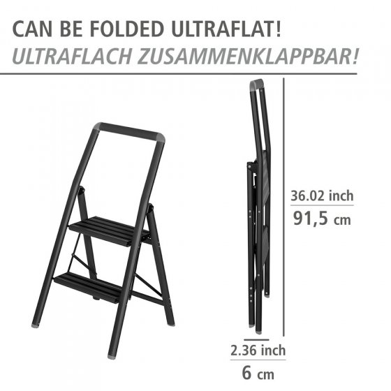 Alu-Klapptrittleiter Compact 2-stufig Schwarz, leichte & rutschfeste Haushaltsleiter, Sicherheits-Stehleiter 
