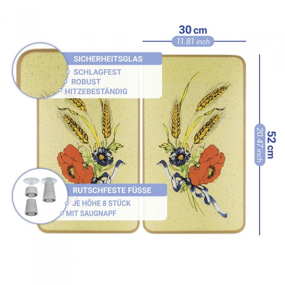 Herdabdeckplatte Universal Mod. Kornblumen, 2er Set, für alle Herdarten geeignet