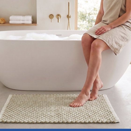 Badteppich Mod. Covelo Weiß-Beige, 50 x 80 cm, rutschfest und waschbar bis 30 °C 
