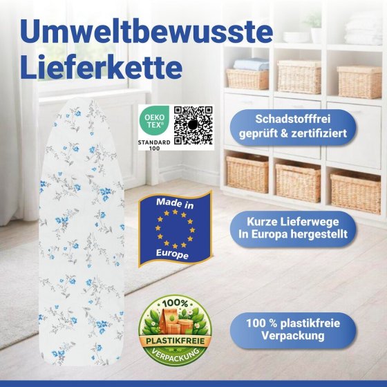 Bügelbrettbezug Mod. Keramik M, Floral, passend bis 131 x 45 cm, bis zu 70 % Zeitersparnis 