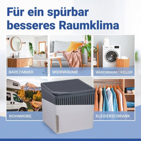 Raumentfeuchter Mod. Cube Grau 1000 g mit Nachfüller, beugt Schimmel und Gerüchen vor 