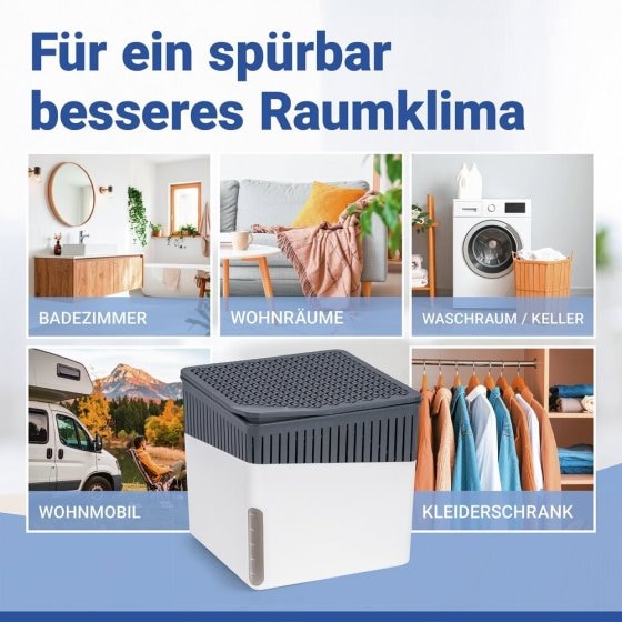 Luftentfeuchter Mod. Cube Weiß 1000 g mit Nachfüller, für Räume bis ca. 80 m³ 