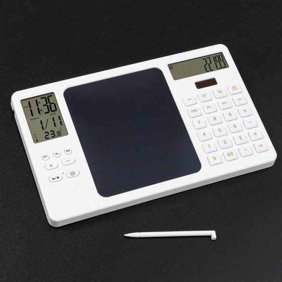 Elektronische Schreibtafel mit Taschenrechner und Uhr 