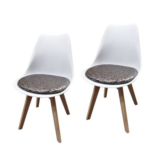 Esszimmerstuhl 2er Set Weiß mit Kunstledersitz Atlanta Braun mit Ornament 
