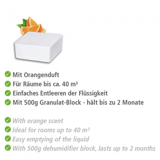 Raumentfeuchter Mod. Cube Nachfüller 500 g mit Orangenduft, 3er Set, Luftentfeuchter Nachfüllpack