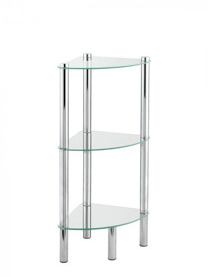 Eckregal Mod. Yago mit 3 Glasablagen, aus Edelstahl und Sicherheitsglas 