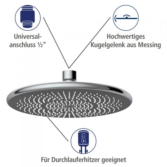Regenduschkopf Watersaving Ø 22,5 cm, Universal-Kopfbrause mit Wasserspar-System