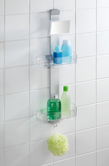 Duschcaddy Premium mit Antibeschlagspiegel, mit 2 Ablagen und Edelstahl-Haken 