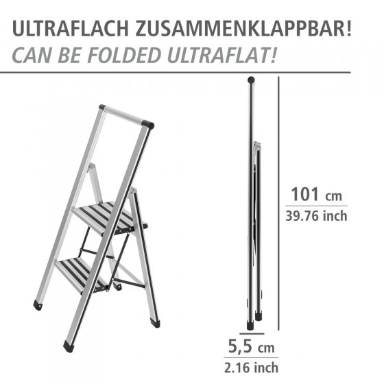 Alu-Design Klapptrittleiter 2-stufig Silber, rutschsichere XXL-Stufen