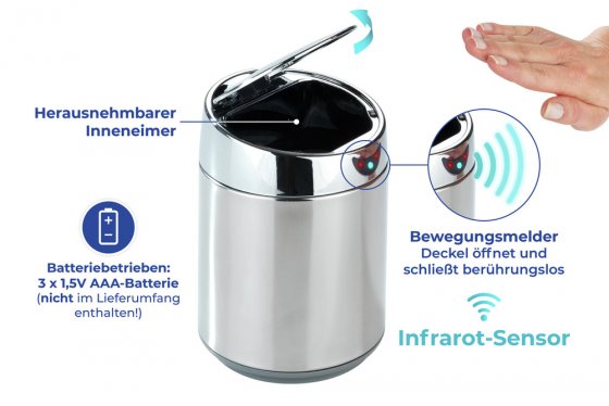 Tisch- und Kosmetikeimer mit Sensor Chrom, 0,8 l 
