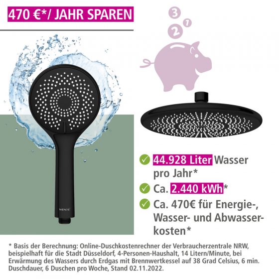 Duschsystem Watersaving Schwarz, bis zu 40 % Wasserersparnis 