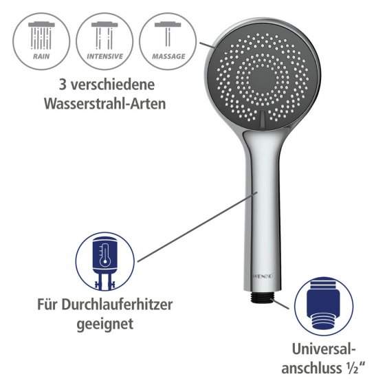 Duschkopf Watersaving Ø 9,5 cm, Universal-Handbrause mit Wasserspar-System 