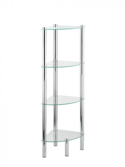 Eckregal Mod. Yago mit 4 Glasablagen, aus Edelstahl und Sicherheitsglas 