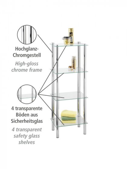 Regal Mod. Yago viereckig, 4 Ablagen, aus Edelstahl und Sicherheitsglas 