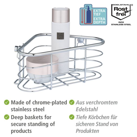 Edelstahl Eckablage Mod. Trestina, extra tiefer Korb für Shampoo- und Duschgelflaschen 