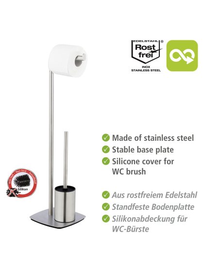 Stand WC-Garnitur Mod. Iria, Edelstahl matt, mit WC-Papierrollenhalter und WC-Bürste 