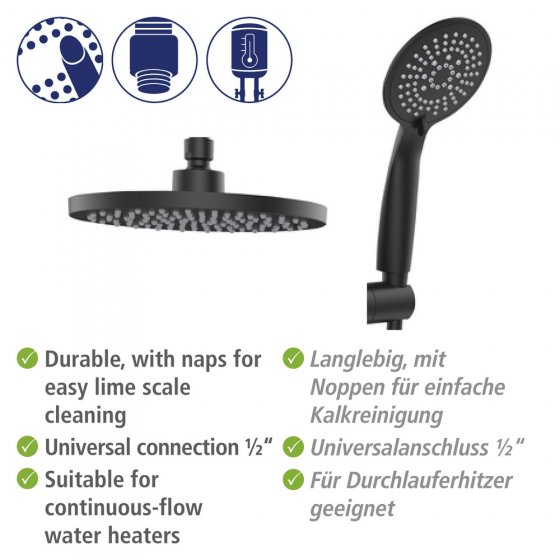 Duschsystem Mod. Young Eco mit Thermostat-Armatur Schwarz, inkl. 2 Watersaving Regulatoren 