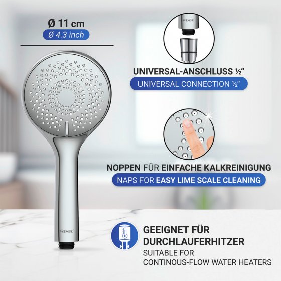 Duschkopf Watersaving Chrom Ø 11 cm, Universal-Handbrause mit Wasserspar-System 