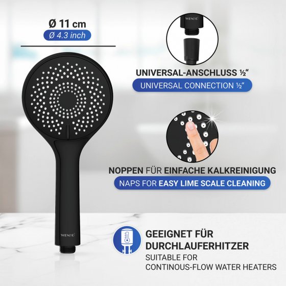 Duschkopf Watersaving Ø 110 cm 3 Funktionen, Universal-Handbrause, Ø 11 cm, 3 Strahlarten