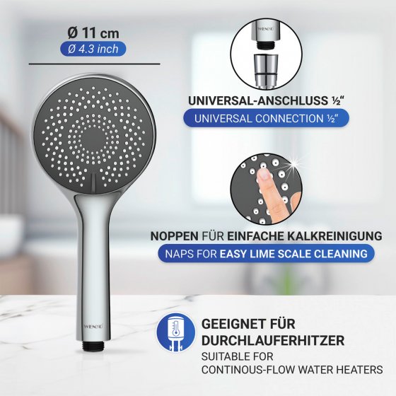 Duschkopf Watersaving Grau Ø 11 cm, Universal-Handbrause mit Wasserspar-System 