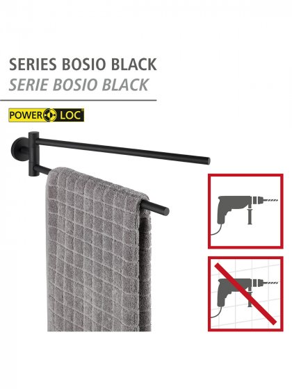 Handtuchhalter Mod. Bosio 2-armig inkl. Kleber, Schwarz matt, Befestigen ohne bohren - Power-Loc® 