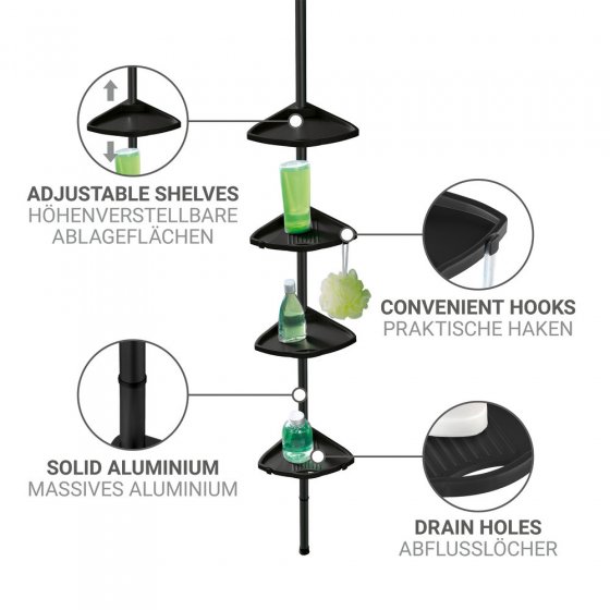 Duschecke Mod. Compact, schwarz, Aluminium, 26x78-275x19,5 cm, 4 Ablagen, 8 Haken, teleskopisch 