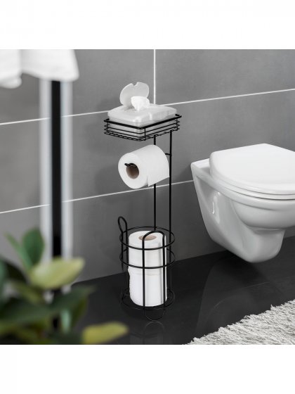 Toilettenpapierhalter mit Ersatzrollenhalter, Schwarz, mit Ablage 
