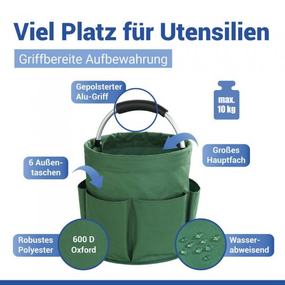Universal Garten Caddy 16 l, Grün, mit 6 Außentaschen für Gartenwerkzeug 