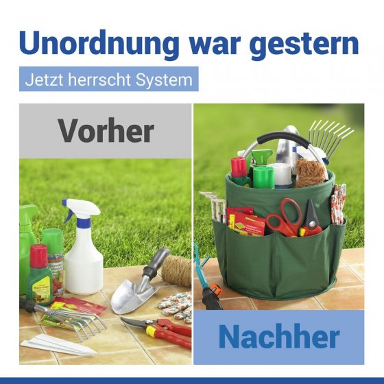 Universal Garten Caddy 16 l, Grün, mit 6 Außentaschen für Gartenwerkzeug 