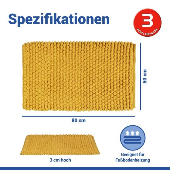 Badteppich Mod. Solivo Senfgelb, 50 x 80 cm, rutschfest und waschbar bis 30 °C 